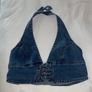 superdown Blue Denim Lace-Up Crop Top